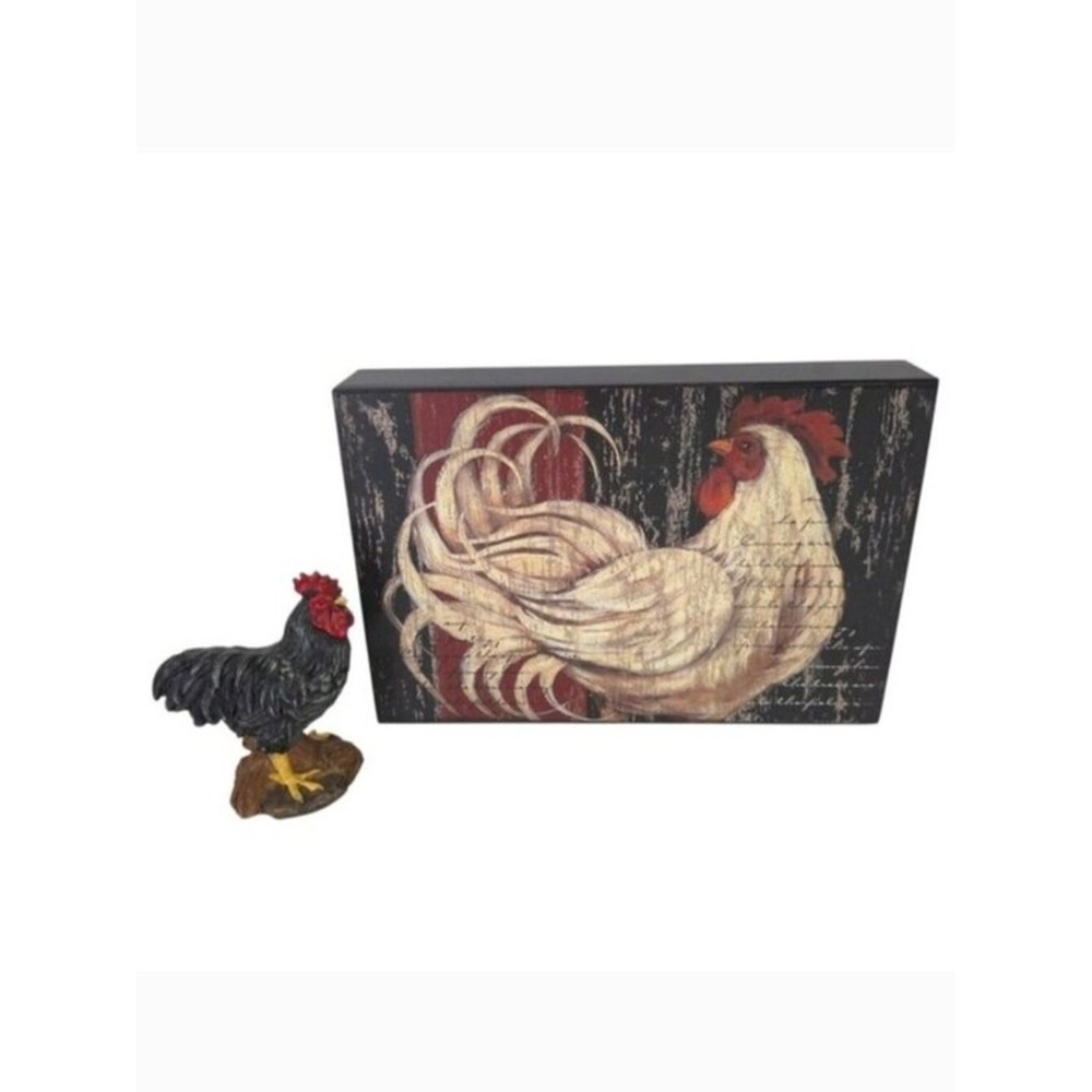 Rooster Black Tabletop Sign & Figurine Rustic Farmhouse Decor Set